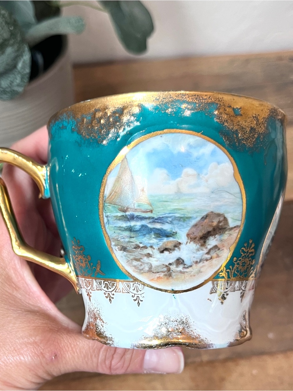 Antique 1909 Three Crown China Germany Porcelain Mustache Cup Teal Gold Nautical - Picture 6 of 8